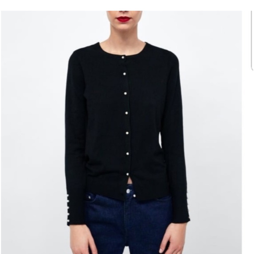 ZARA Knit Pearl Button Down Cardigan Black SMALL